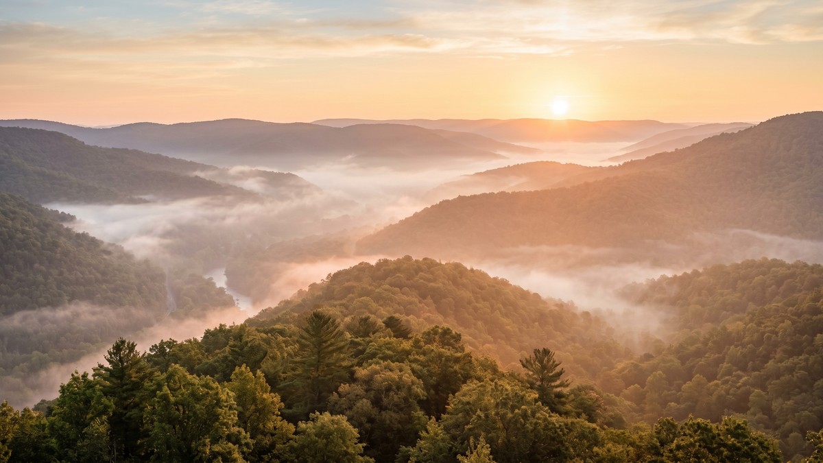 Soft golden sunrise spilling warm light over misty forested Appalachian mountain ridges in West Virginia at dawn.