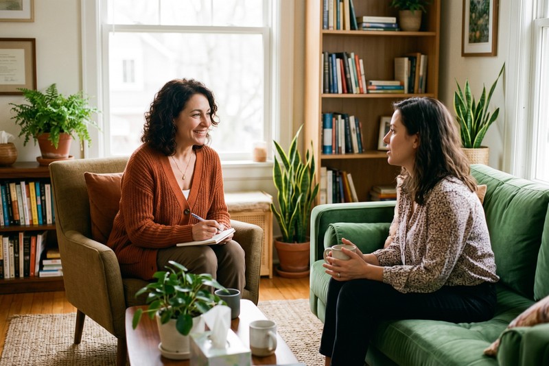Compassionate therapist listening warmly to a client during a calm one-on-one counseling session in a bright office.